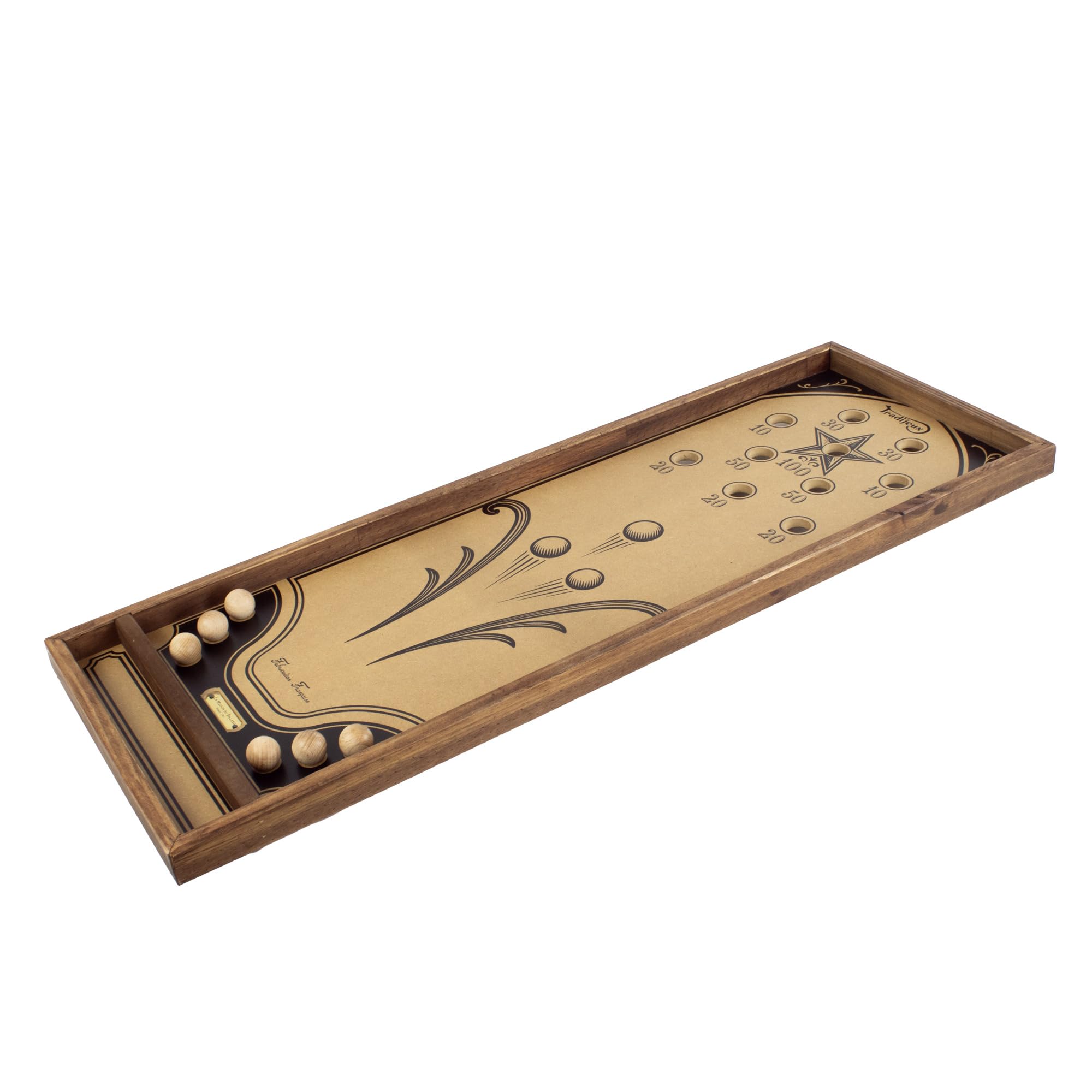 Billard Japonais Collector en Bois Fabriqué en France - Jeu d'Adresse Familial 102 x 34,5 cm - 6 Billes Bois, Cale et Règle Incluses - Jeu Traditionnel Sérigraphié