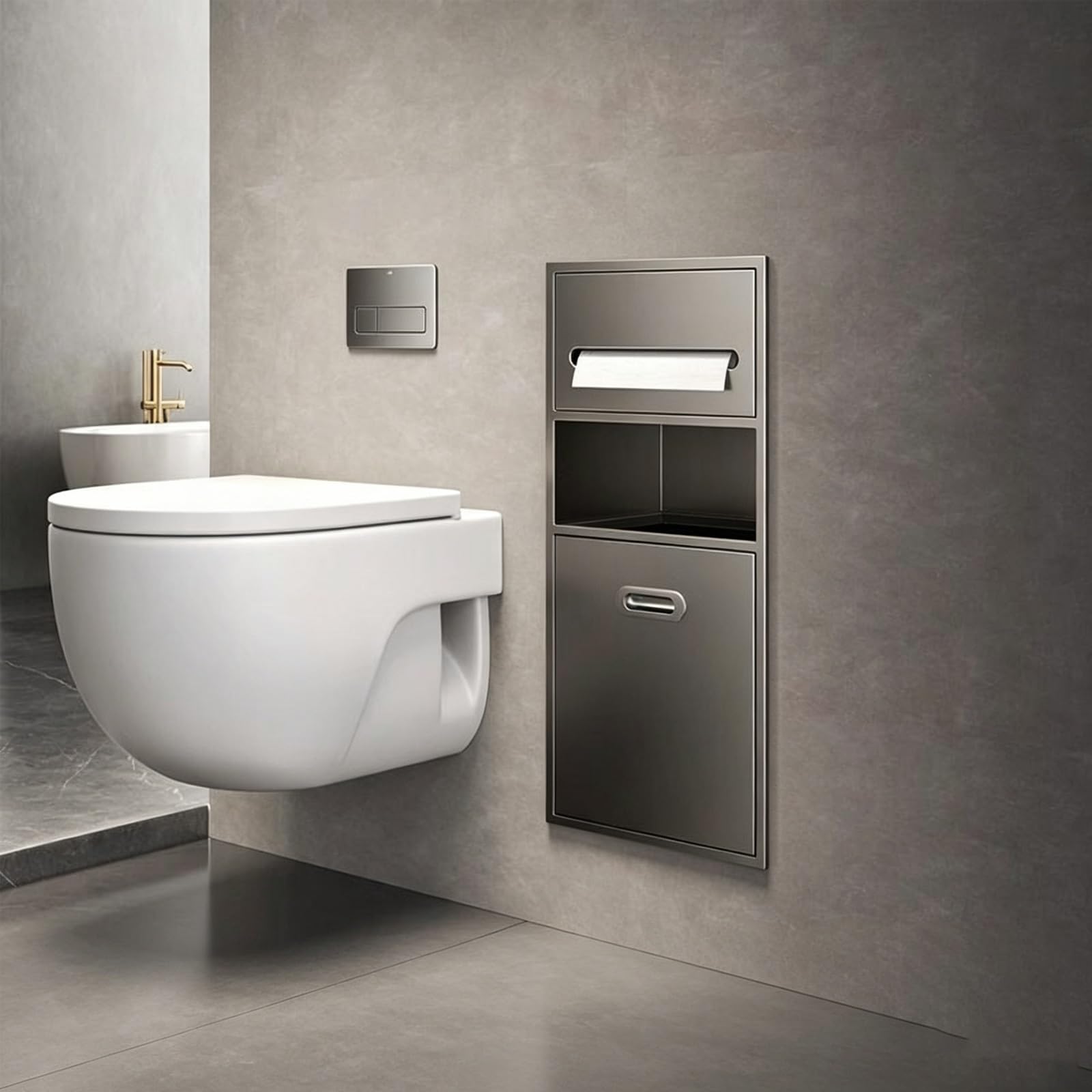 MESCXTY Recessed Bathroom Niche, in-Wall Toilet Paper Holder with Hidden Trash Can, 304 Stainless Steel Built-in Waterproof Organizer Cabinet