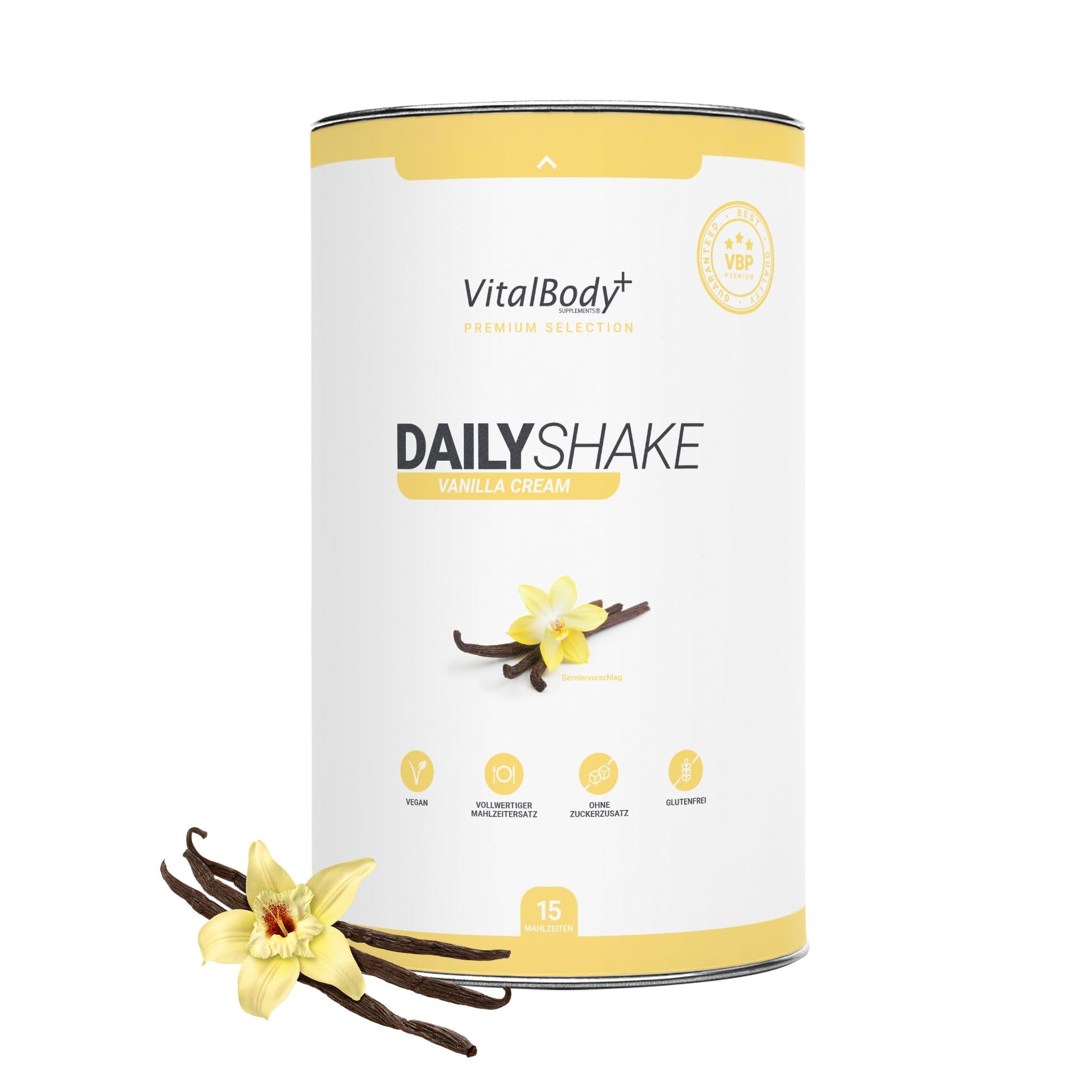 VitalBody+ DailyShake Vegan, Vanilla Cream, 450 g, Mahlzeitenersatz-Shake zum Abnehmen, 15 Mahlzeiten, nur 250 kcal pro Shake, vollwertig & kalorienarm ersetzen