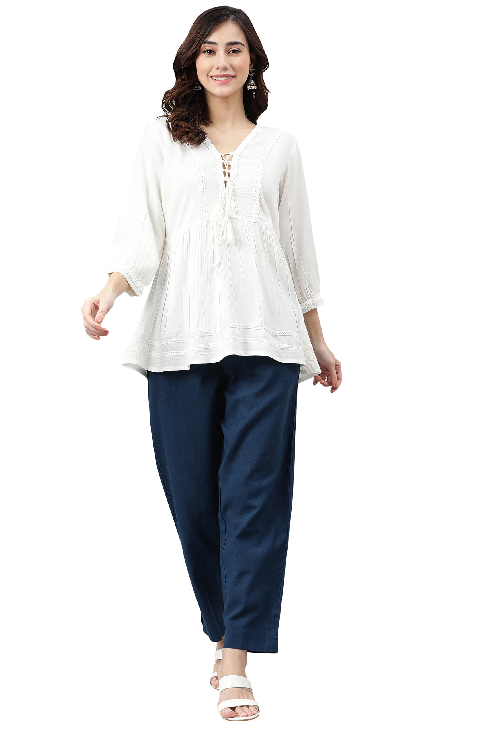 Janasya Women's Rayon Solid Flared Top in neutral
