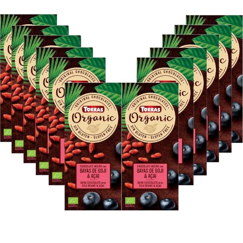 Pack 12x Chocolate Orgánico con Goji y Açaí Bio 100g | Chocolate Ecológico con Superfrutas | Sin Gluten | Vegano y Antioxidante