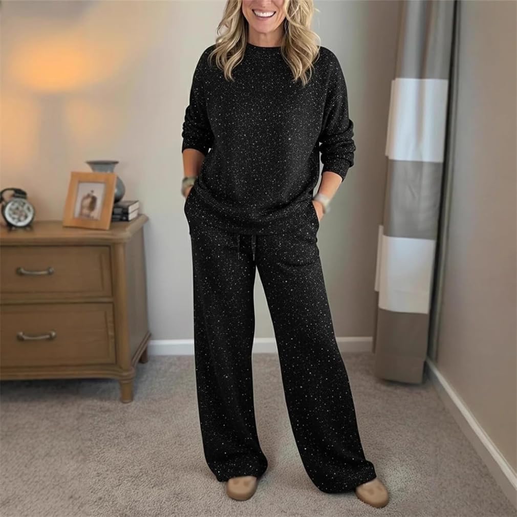 Cozy Travel Crew Neck Shiny Sweatshirt and Pant 2 Piece Sets, Casual Holiday Home Sleepwear Set And Tracksuit