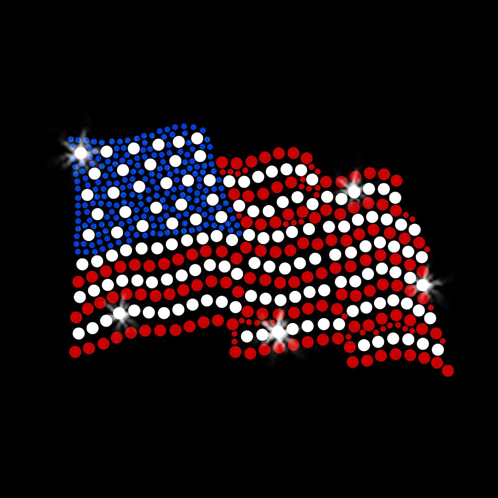 Waving American USA Flag Patriotic Sparkly Bling Iron-on Rhinestone Red Clear Blue Crystal T-Shirt Transfer by JCS Rhinestones