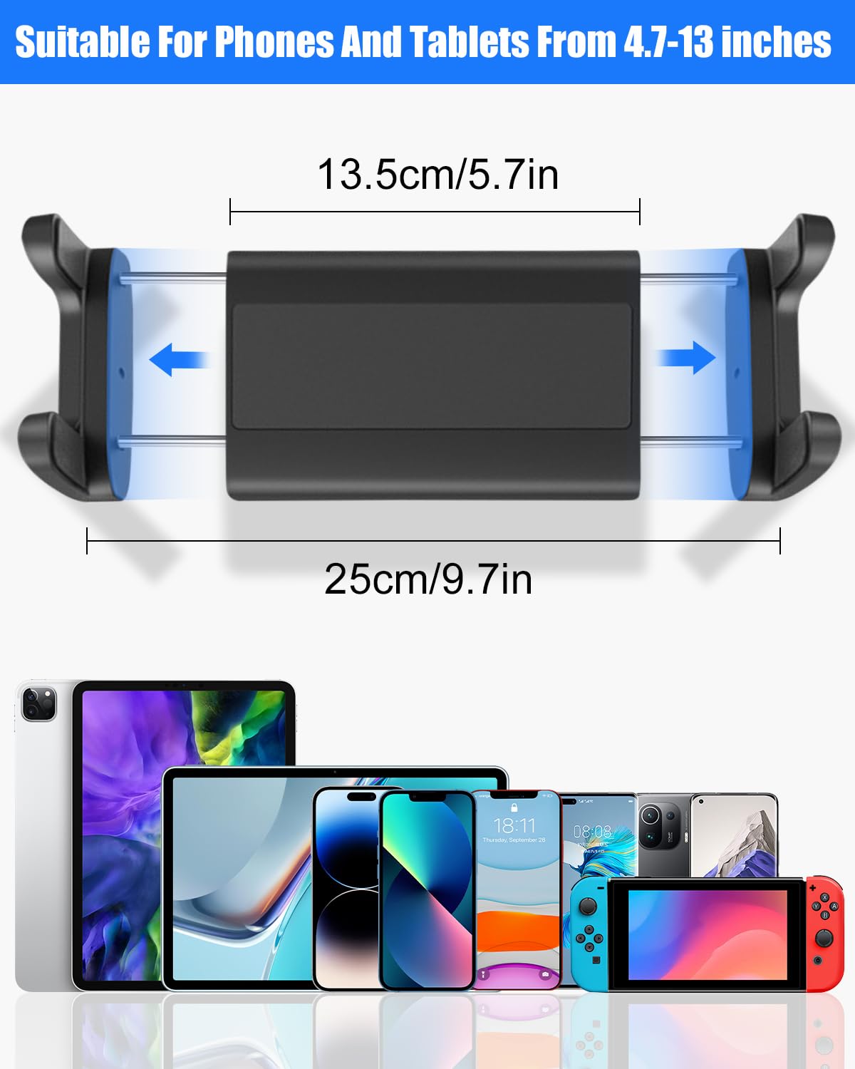 Metallo Porta Tablet da Auto, Supporto Tablet Auto Poggiatesta con 4 ganci di seduta, Universale Porta Tablet Auto Posteriore con Asta Telescopica per 4,7-12,9" iPad Pro Mini, Switch, Cellulare