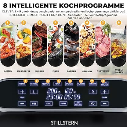 Stillstern Heißluftfritteuse 2 Kammern 8L Dual Zone Airfryer XXL, 2400W, Ausgezeichnet 1,2 (Sehr Gut), Fritteuse Air Fryer, Rezeptbuch, Auftauen&Warmhalten Heissluftfritteuse Doppelkammer, Air Fryers – Bild 4