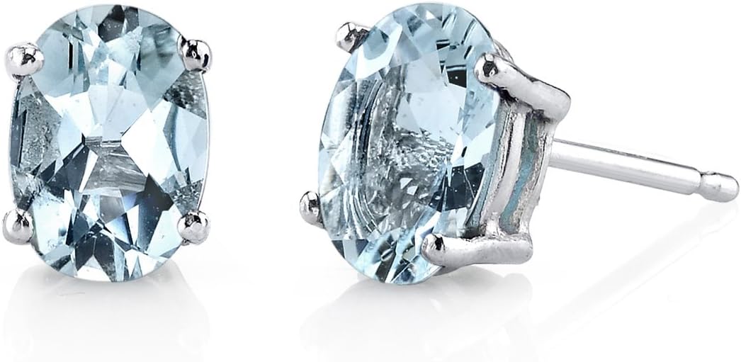 Peora 14K White Gold Aquamarine Earrings for Women, Genuine Gemstone Classic Solitaire Studs, 7x5mm Oval Shape, 1.25 Carats total, Friction Back, Blue Aquamarine Jewelry, March Birthstone Earrings