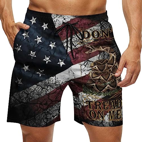 Youth & Adult Swim Trunks, Distressed American Flag and Gadsden Flag Don't Tread Snake On with Me Beach Shorts Perfect Surf Beachwear Drawstring Beach Half Pants with Pockets Mesh Lining Small