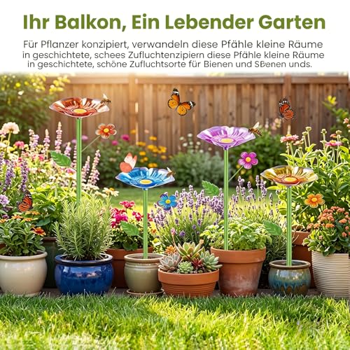 Bienentränke für den Garten, 4er Set Bienentränke Blume Insektentränke Garten, Metall Insekten Tränke mit Höhenverstellbarer Stange & Erdspieß, Gartendeko Hof Dekor