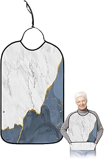 Kewadony Adult Bibs for Elderly Women - Blue White Marble Waterproof Dining Clothing Protectors with Crumb Catcher for Eating/Feeding, Gold Line Modern Abstract Art Terry Cloth Bib Machine Washable