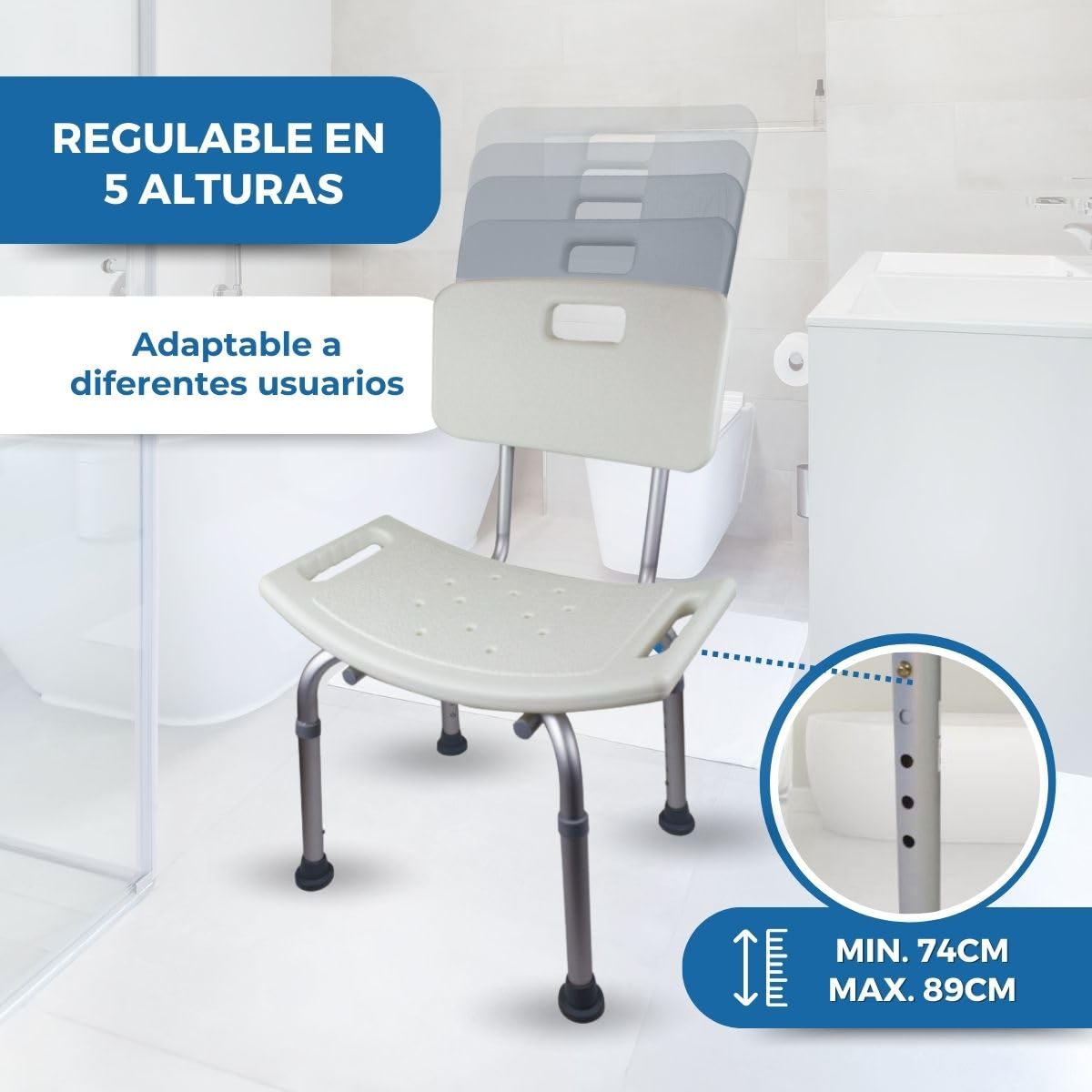 Mobiclinic®, Silla de Ducha con Respaldo, Regulable en Altura, Conteras Antideslizantes, para Personas Mayores, Asiento en U, Agarre Lateral, hasta 100 kg, Agujeros de Drenaje, Aluminio, Olivo