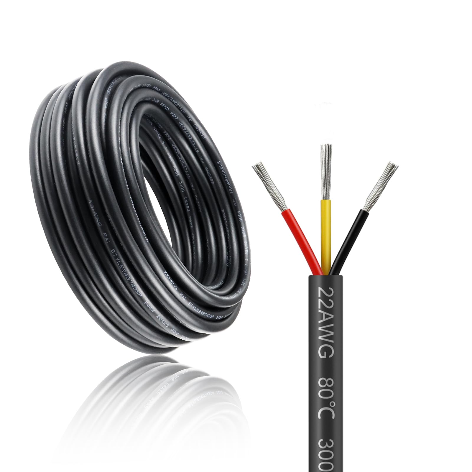 22awg 3 * 0.3mm² Electrical Wire, 100FT Black PVC Case Stranded Low Voltage LED Cable, 22AWG 3core Tinned Copper Hookup Wire, Flexible Extension Power Cord for LED Strips Lamp Lighting