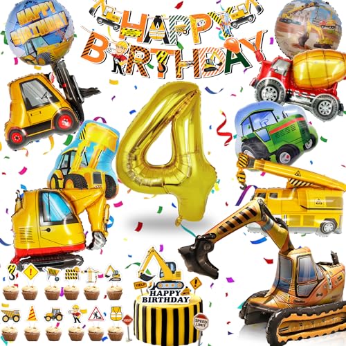 Baustellen Deko Kindergeburtstag 4, XXL Bagger Geburtstag Deko 4 Jahre, Luftballon Baggerdeko Junge, Folienballons Banner und Tortendeko (Baustelle Luftballons 4. Geburtstagdeko)