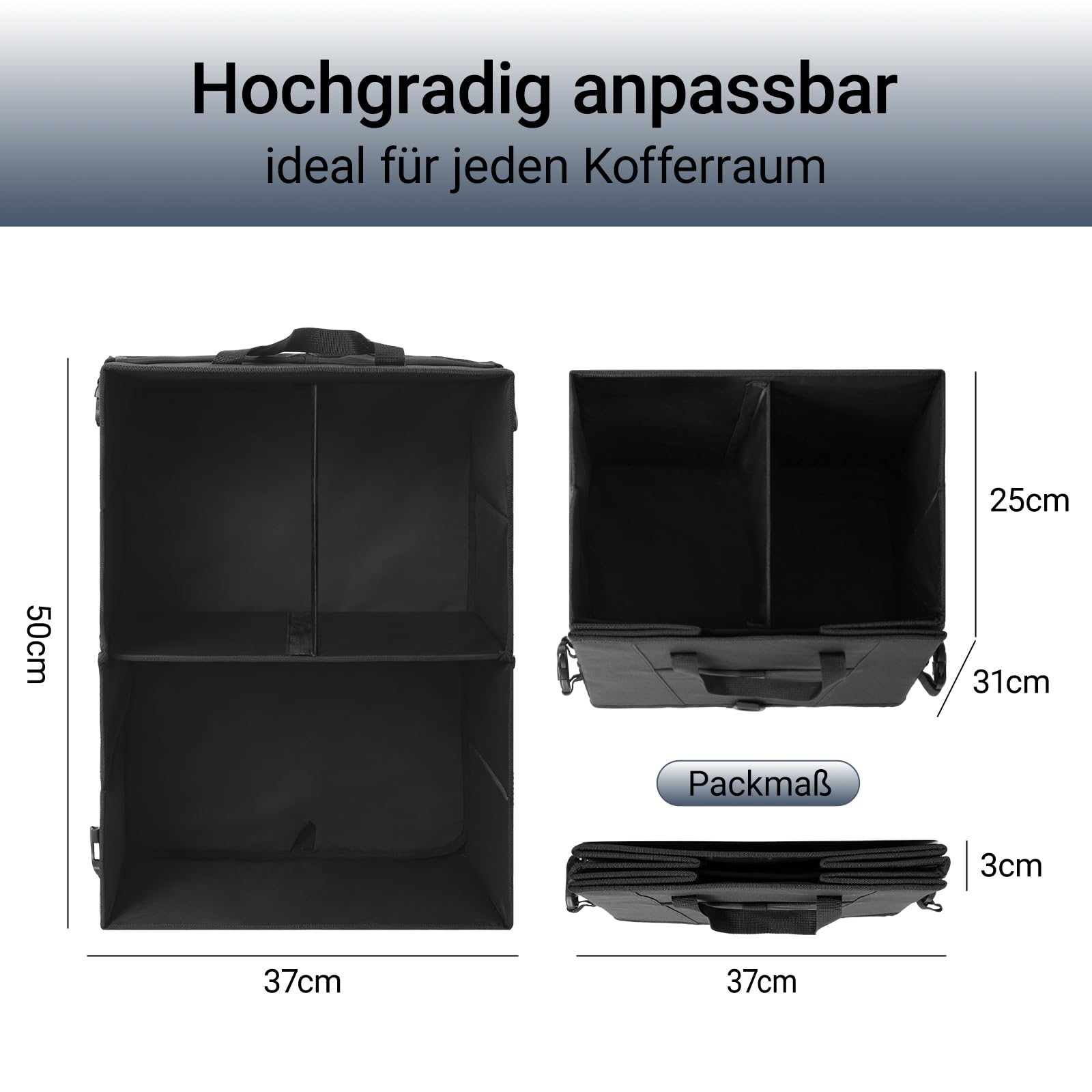 Kofferraum Organizer mit Deckel, Kofferraumtasche Faltbar & Rutschfest, Auto Aufbewahrungsbox Stabiler Auto Organizer für SUV, Kombi & PKW, Oxford Gewebe Autozubehör, Schwarz