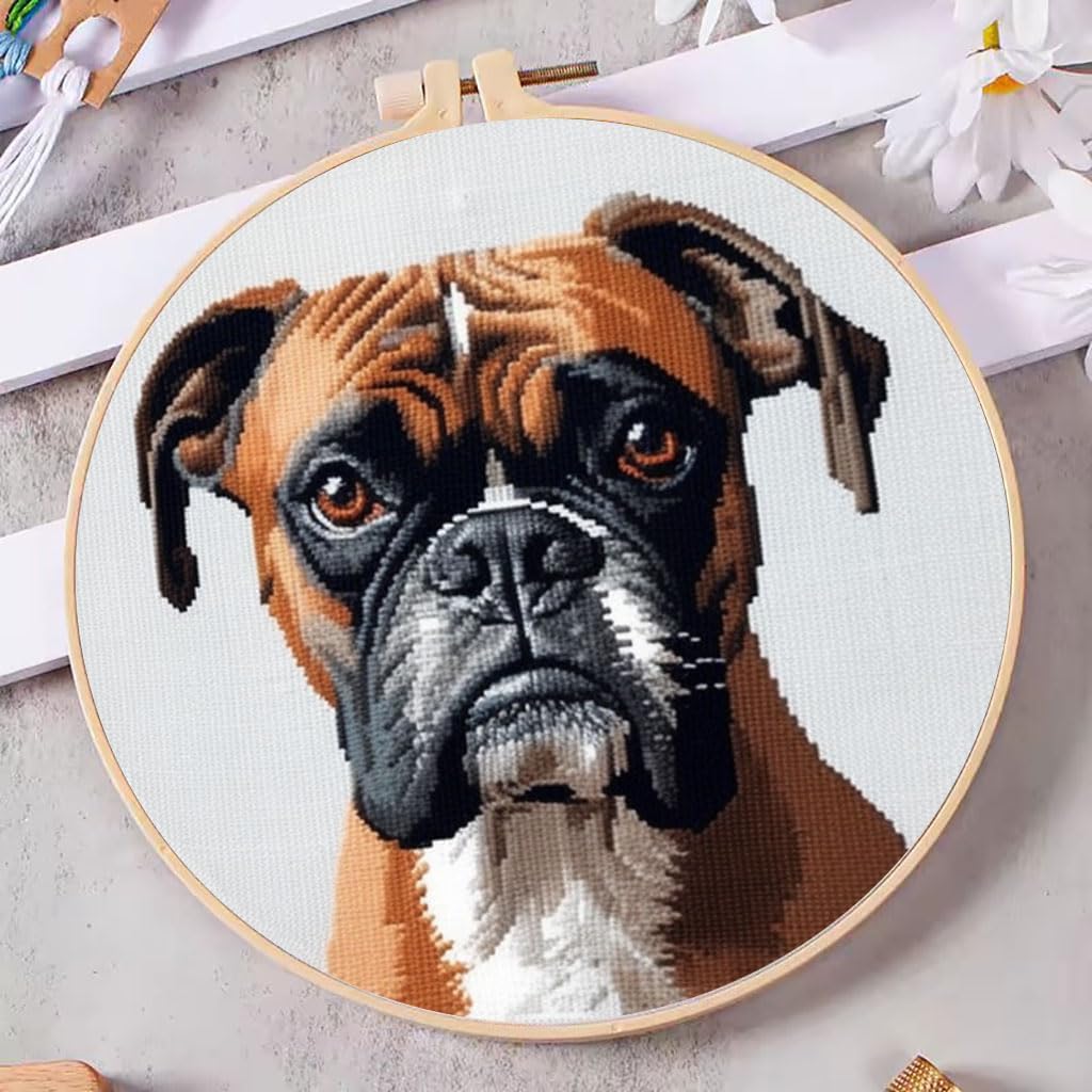 DIY Cross Stitch Kits Boxer Dog with Hoop 20x20cm-3