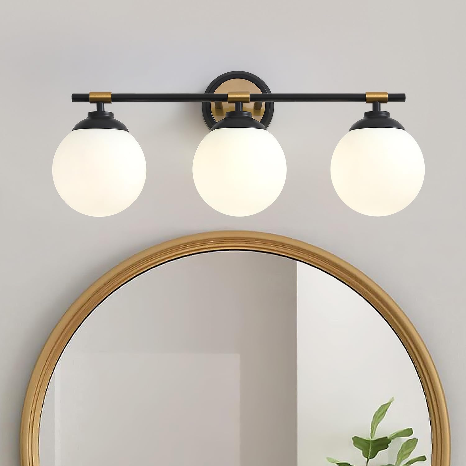 Black Gold Vanity Lights for Bathroom, Mid Century Modern 3 Lights Bathroom Light Fixtures Over Mirror with Milk White Glass Shades, E26 Base (Bulbs Not Included)