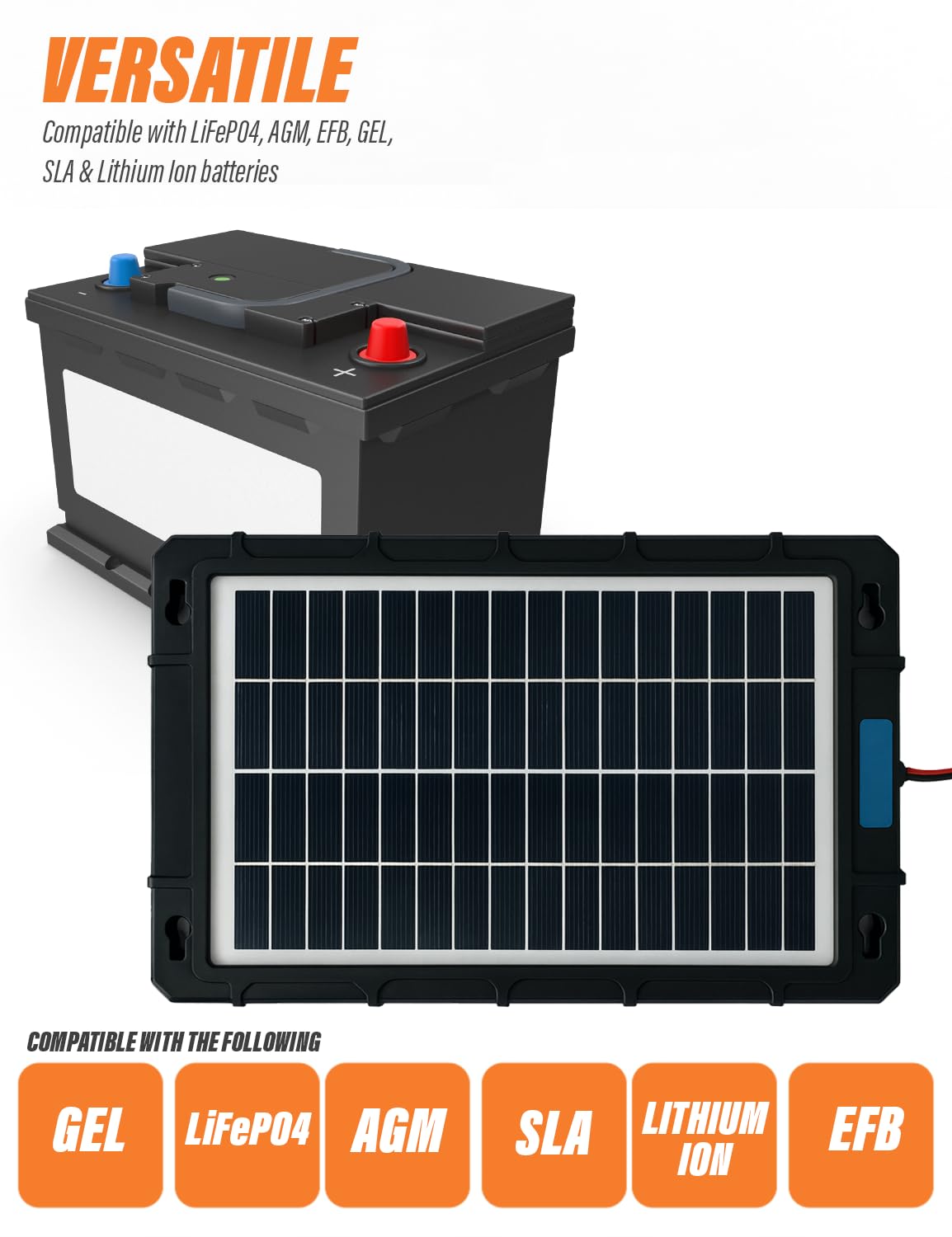 Xtremeauto Cargador y mantenedor de batería solar de 7.5 W, kit de carga de panel solar impermeable de 12 V con celdas de primera calidad, portátil para coche, barco, motocicleta, ATV, RV, tractor