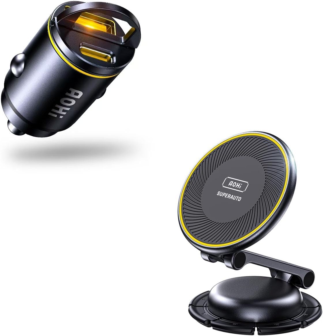 AOHI 15W Wireless MagSafe Phone Car Mount Charger Holder +PD 45W&QC 30W 2 Port USB C Car Charger Cigarette Lighter
