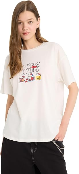 DeFacto Hello Kitty Oversize Geniş Kalıp Bisiklet Yaka Sırt Baskılı Kısa Kollu Tişört