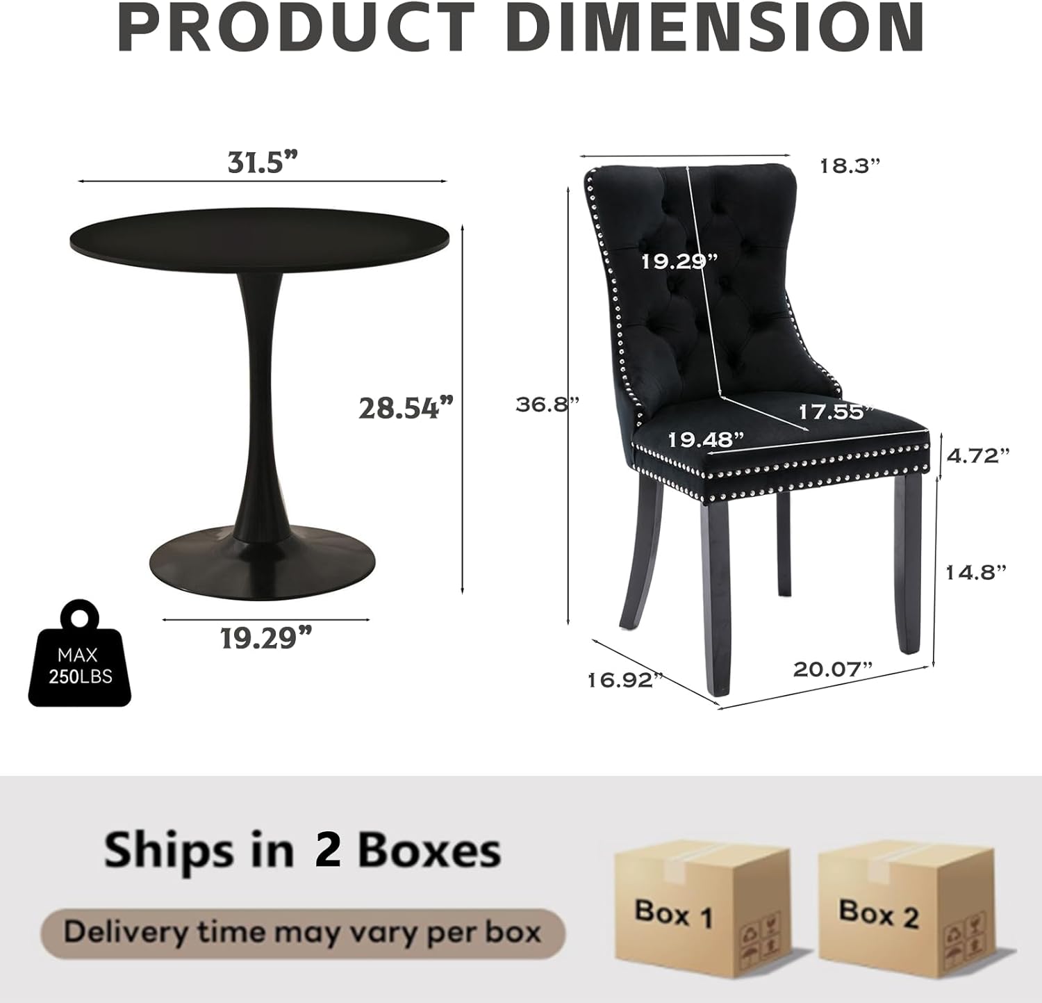 3-Pieces 31.5" Round Dining Table Set for 2, Black Dining Table & Velvet Upholstered Dining Chairs Set of 2 for Kitchen Dining Room Apartment Small Space(Black Chairs)