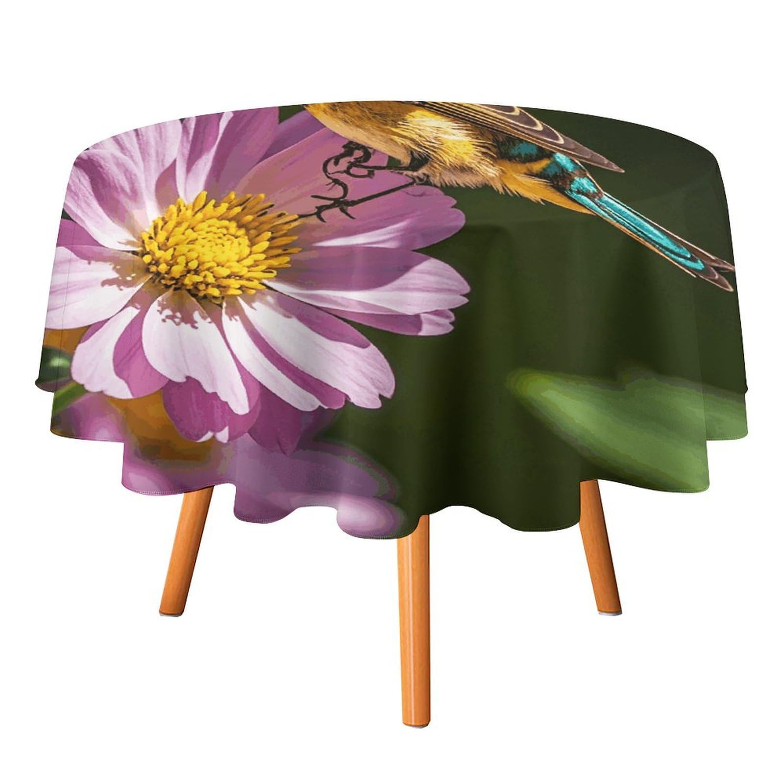 Nappe ronde table de cuisine anti-tache motif fleurs et oiseaux champêtres