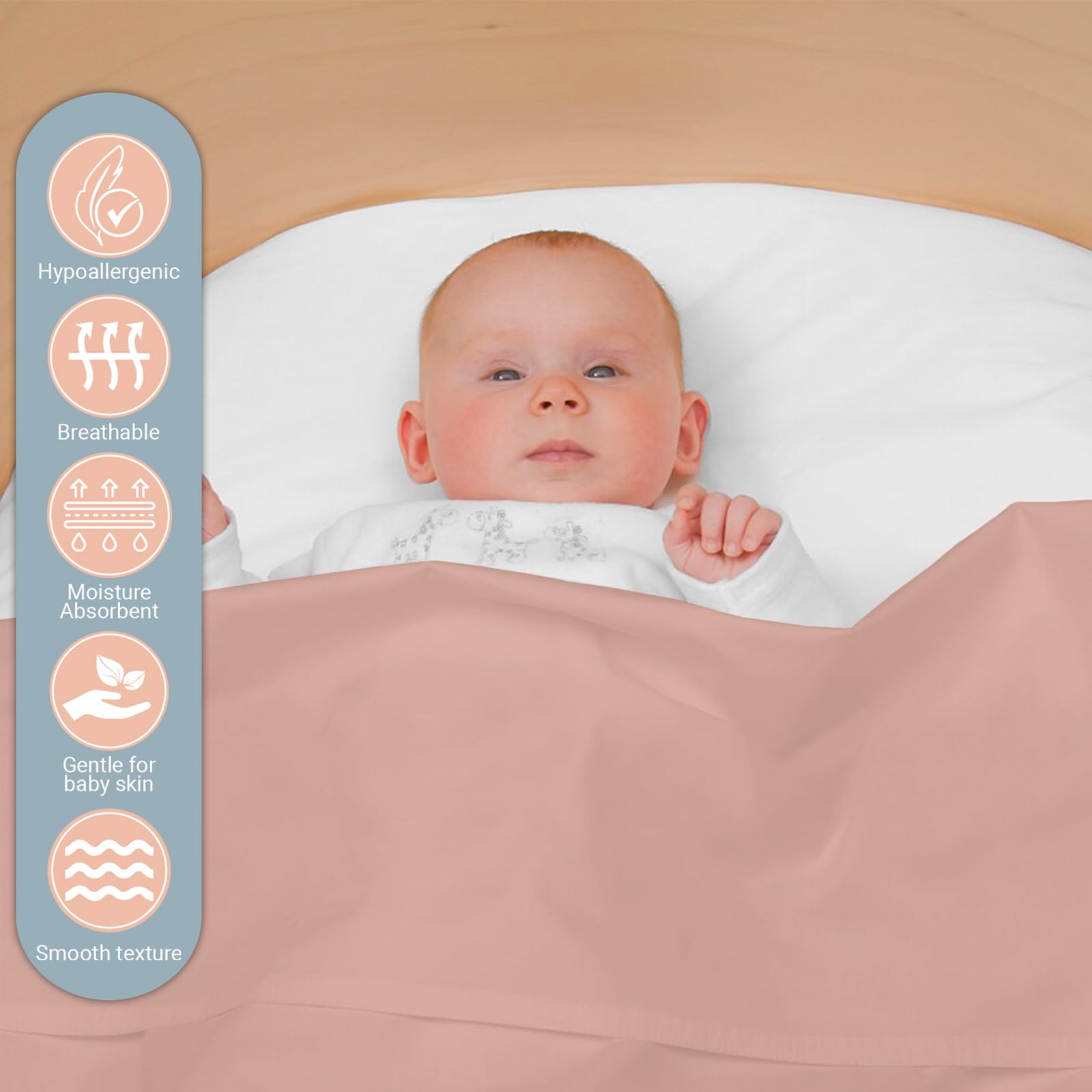 Pizuna Baby Flat Sheet for Crib 70 x 100 cm, Misty Rose, 400 Thread Count 100% Long Staple Cotton Flat Bed Sheet - Image 2