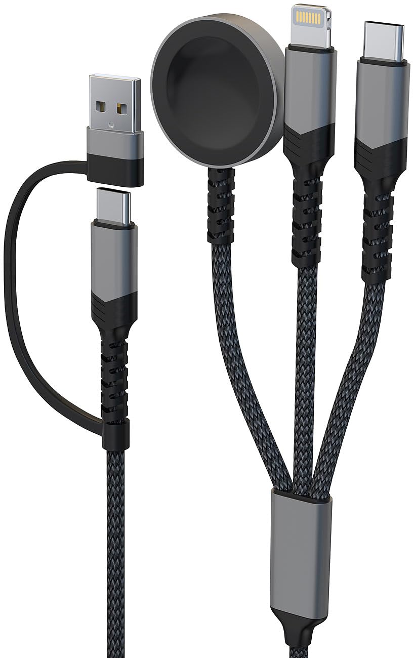 Callstel cable carga universal: Juego de 4 6en1-Cable de carga Octopus, para Apple Watch y iPhone, Entrada: conector USB-C con adaptador a USB-A (cargadores inducción apple watch)