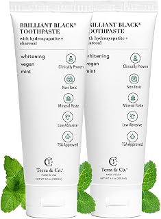 Terra & Co. Brilliant Black Hydroxyapatite Toothpaste for Whitening Teeth – USA-Made - Natural Remineralizing Toothpaste, Fluoride-Free, Vegan, SLS-Free, Low Abrasion – Mint, 3.4 oz