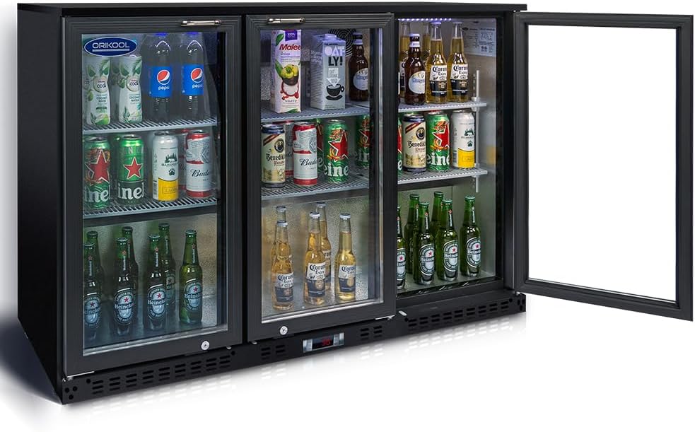 11.3 Cu.Ft Beverage Refrigerator,3 Glass Door Display Commercial Refrigerators with LED and Adjustable Shelves,Door Lock & Easy-pull Handle,480 Cans Beverage Refrigerators for Beer Wine Drink,Black