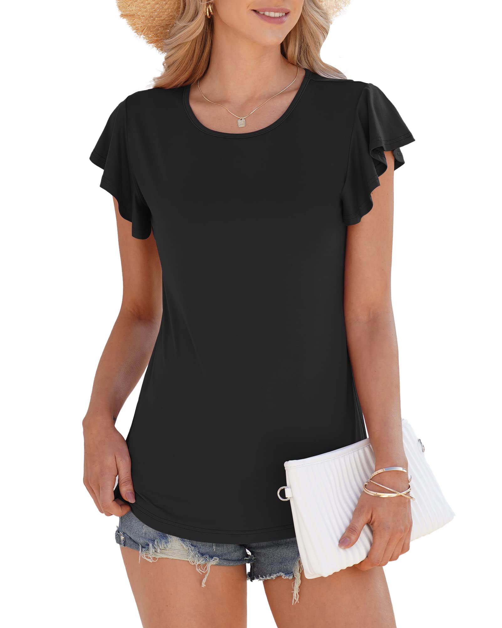 WNEEDU Camiseta para Mujer Verano Manga Corta Camisa Suelta con Cuello Redondo