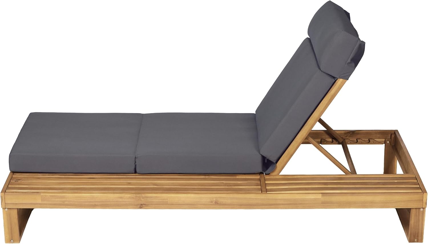 Merax 2 Piece Teak Finish Acacia Wood Chaise Lounge with 4-Inch Dark Gray 4-Fold Cushion Set, Adjustable Outdoor Patio Lounger with Flat Side Surface, for Poolside