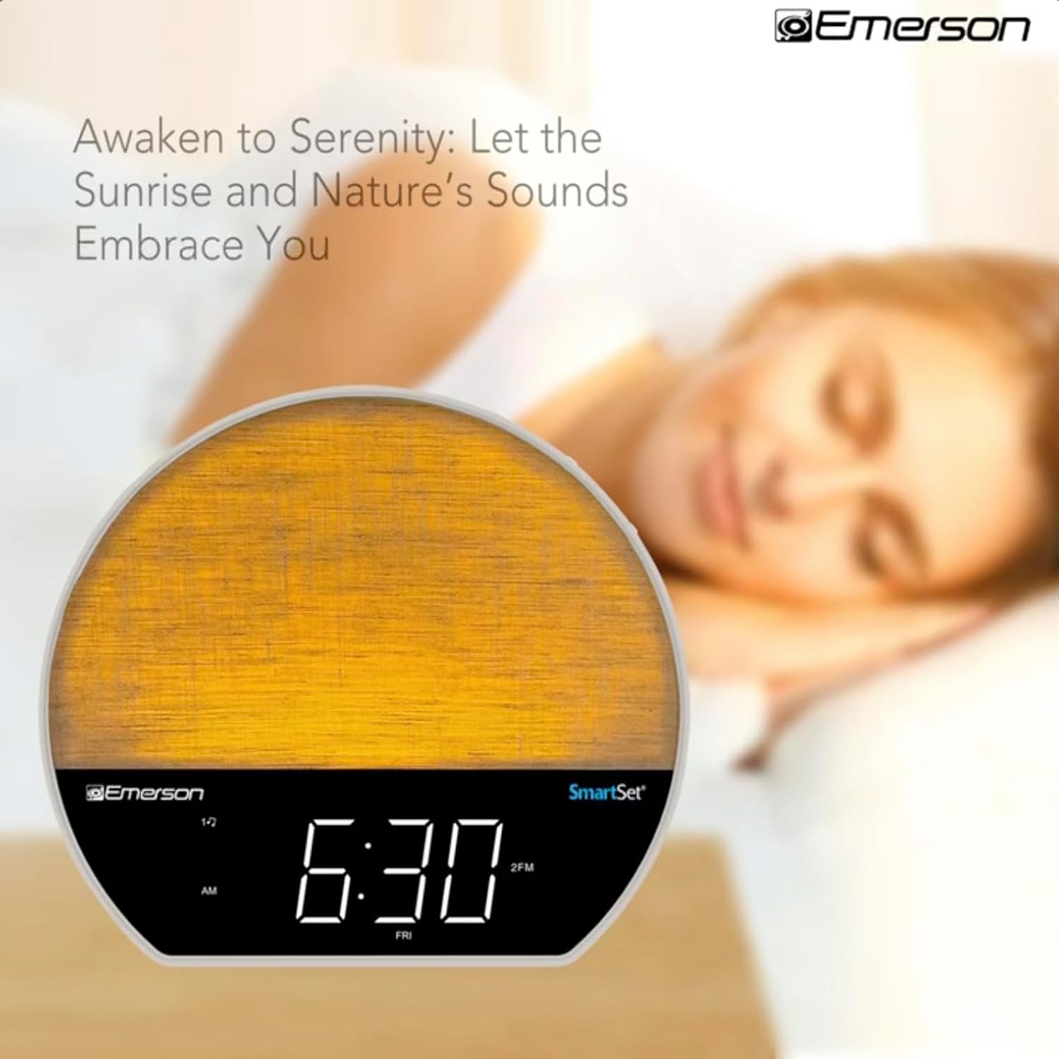 Emerson CKSS7071 displaying 6:30 AM with a warm, glowing light, simulating a sunrise.