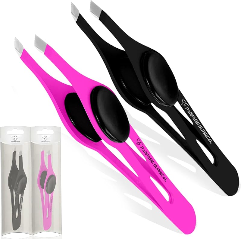 Pinças para sobrancelhas Rampage Surgical com ponta chanfrada em aço inoxidável, conjunto com 2, preto e rosa