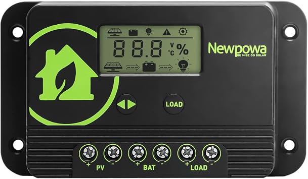 Newpowa 10A Solar Charge Controller - 12V/24V PWM Compact Design LCD Display Off Grid Solar Panel Adjustablefor AGM, Gel, Flooded and Lithium Battery