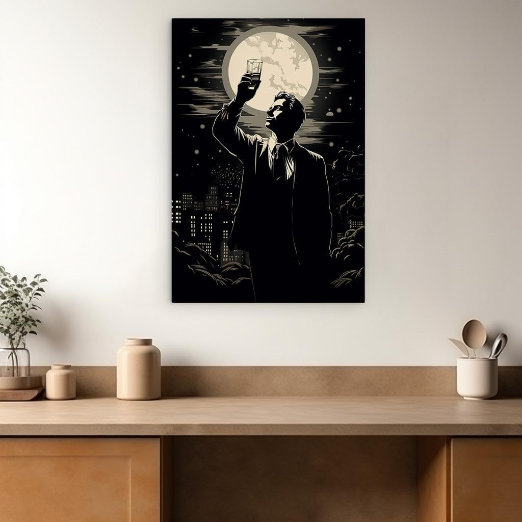 Canvas for Living room. Manhattan Midnight: A Monochrome Fantasy of Urban Elegance and Lunar Toasts, 27 x 18 inch Canvas Wall Art - Ready to Hang - 69x46 cm (27x18 inch)
