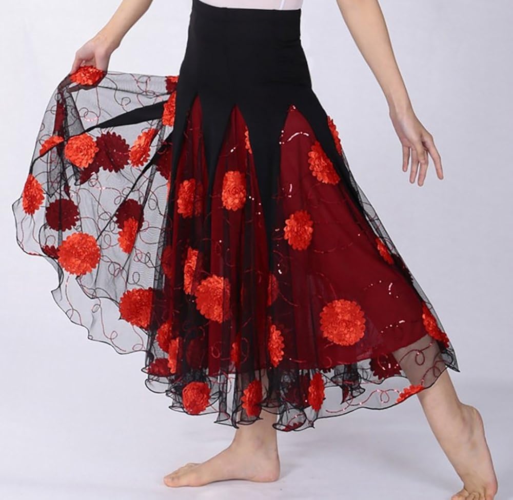 Whitewed Sequin Floral Tango Foxtrot Ballroom Smooth Flamenco Night National Dance Skirt,Red,One Size at  Women’s Clothing store