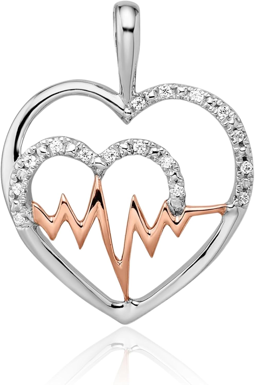 IceCarats 14K Solid Two Tone Gold 0.05 carat Diamond Medium Heartbeat Pendant Necklace 22mm 7/8 inch Round Cut, Natural, Prong Set For Her