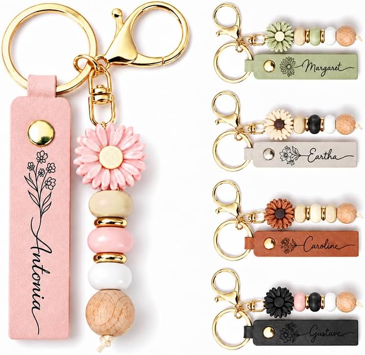 Custom Designed Key Chains Personalized PU Leather Birth Flower Keychain with Name & Bead Pendant ...