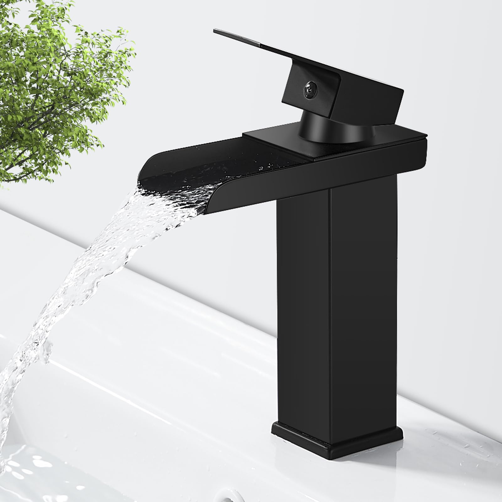Robinet Salle de Bain Cascade Noir, Mitigeur Lavabo Cascade, Robinet Lavabo avec Bec Hauteur 140mm, Mitigeur Salle de Bain en Laiton, Robinetterie Eau Chaude et Froide Disponible, G 3/8