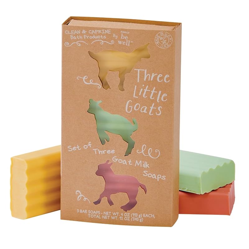 Sabonete em barra com leite de cabra San Francisco Soap Company Simply Be Well Three Little Goats, conjunto com 3, Set II, Creamy Mango, Jabara Fruit e Papaya