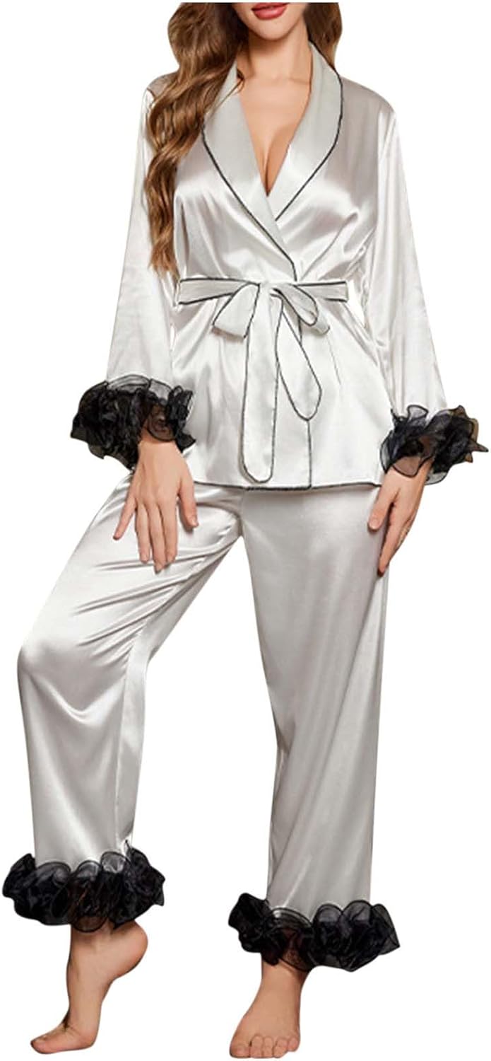 HGps8w Satin Pajamas for Women 2 Piece Outfits Elegant Organza Patchwork Long Sleeve Wrap Top and Long Pants Silk Lounge Sets