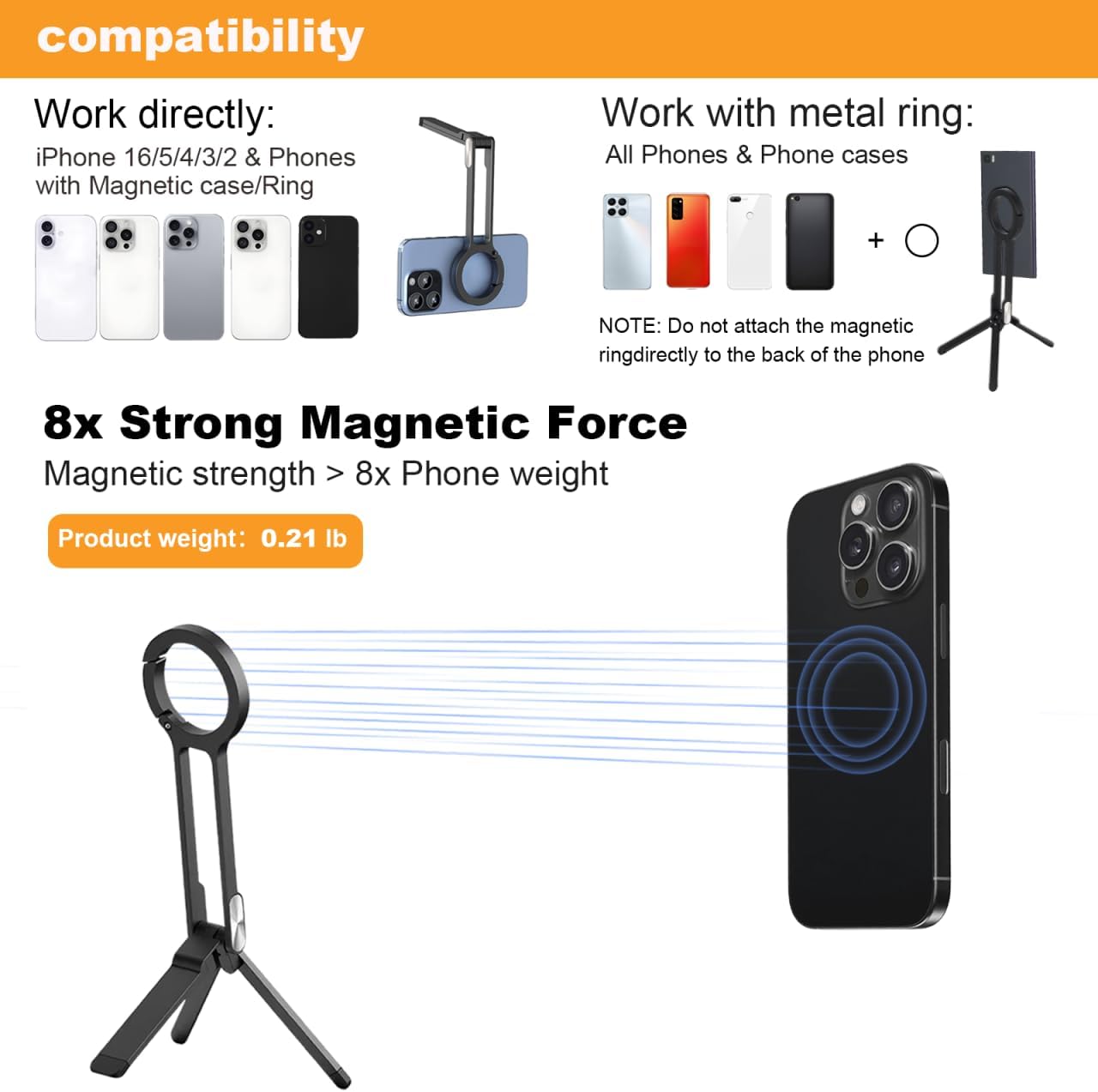 Magnetic Pocket Phone Tripod Foldable for iPhone 16/15/14/13/12 Plus Pro Max Series, Aluminium Smartphone Mini Portable Tripod Cell Phone Stand Magnet Quick Mount