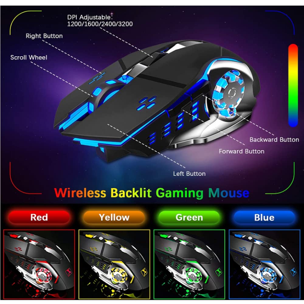 Teclado y ratón inalámbricos para juegos,ratón recargable con retroiluminación arco iris con panel de metal de batería de 3800 mAh, teclado mecánico extraíble y ratón de silencio para juegos