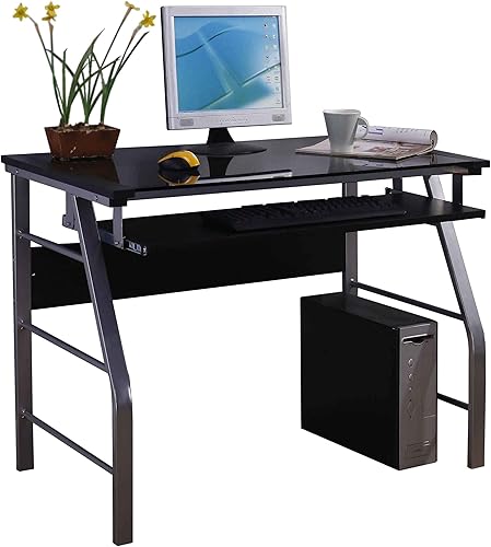 Miniatura 4 de Kings Brand Furniture - Escritorio de computadora con estación de trabajo de metal y vidrio para el hogar y la oficina con bandeja deslizante para