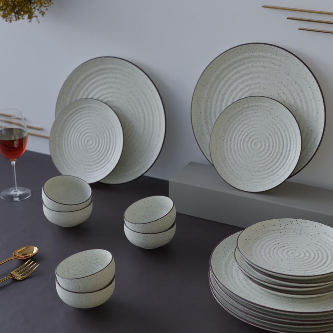 The Earth Store Spiral White Set of 18 Piece Ceramic Dinner Set 6, Full Dinner Plates, 6 Quarter Plates, 6 Vegetable Bowls | Microwave & Dishwasher Safe (B0D3VFNG5F) Amazon Price History, Amazon Price Tracker