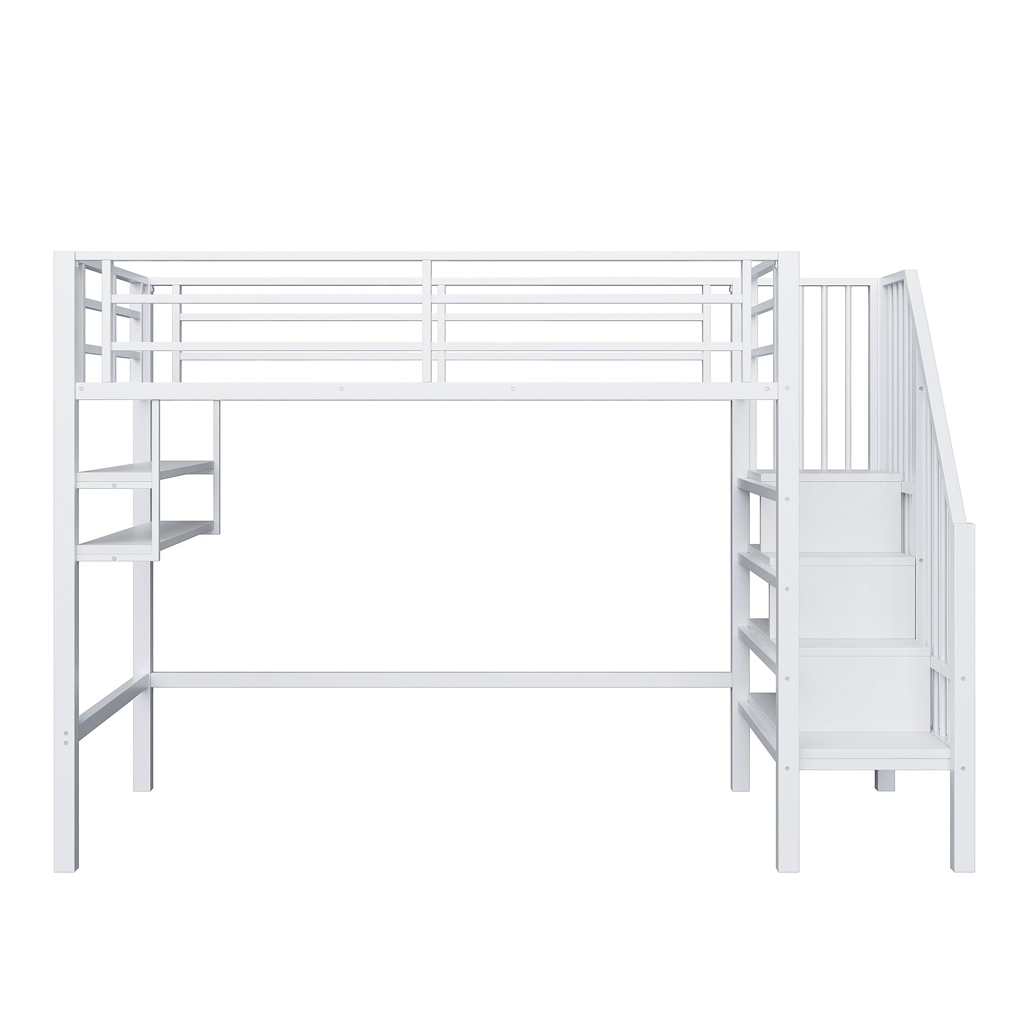 Moimhear Cama alta, 90 x 200 cm, cama de hierro, estantes, escalera de almacenamiento, espacio libre debajo de la cama para disfrazarse, barandilla, sin colchón (blanco)