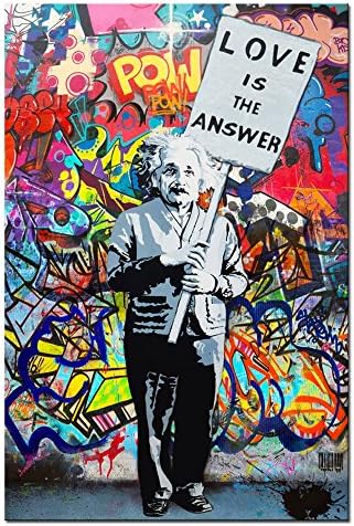 DVQ ART - Framed Art Einstein “Love is Answer” Canvas Print Painting Colorful Figure Street Graffiti Wall Art Pics for Living Room Decor Ready to Hang 1 PCS