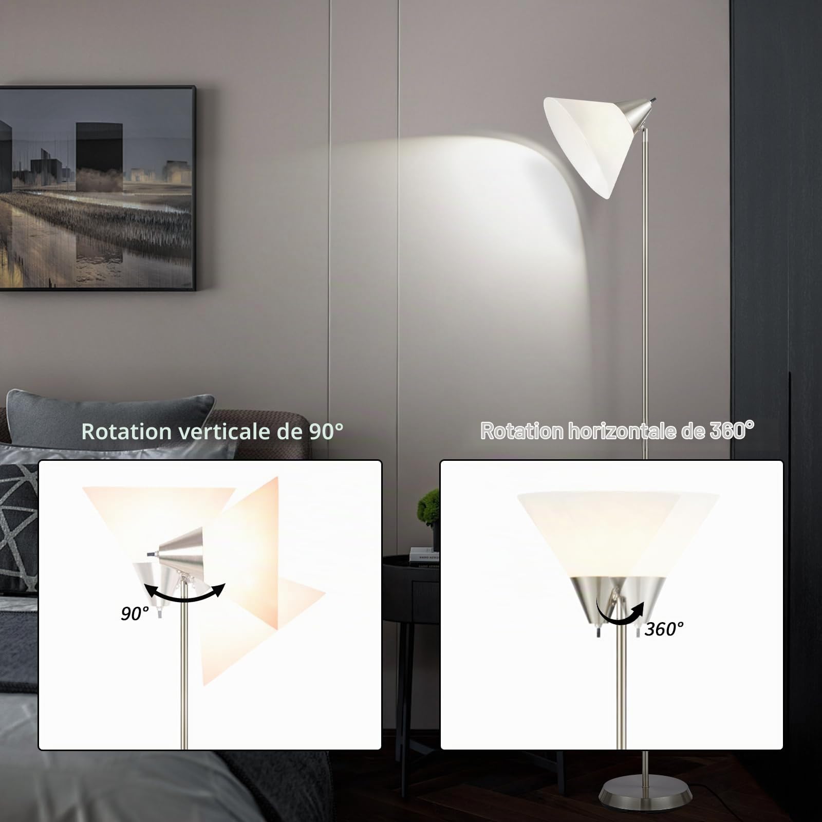 HonoDing Lampadaires Lampe de sol avec abat-jour en acrylique et tête réglable, Moderne Lampadaires pour salon/bureau/chambre à coucher (nickel satiné)