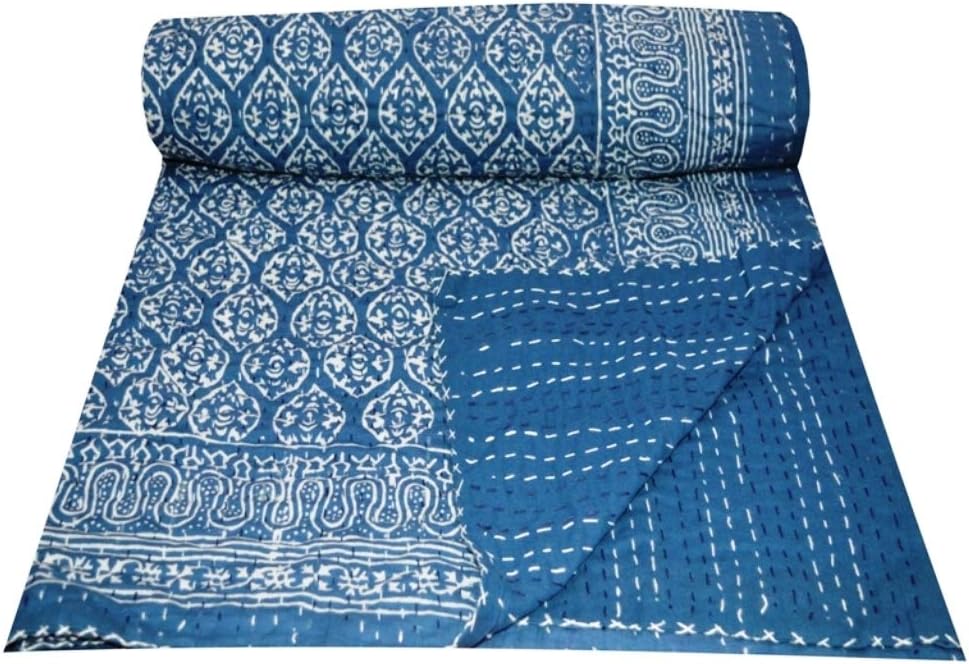 YUVANCRAFTS Indian Handmade Cotton Kantha Quilt Hand Block Print Twin Quilt Blanket Bedspreads Throw (Twin Size)