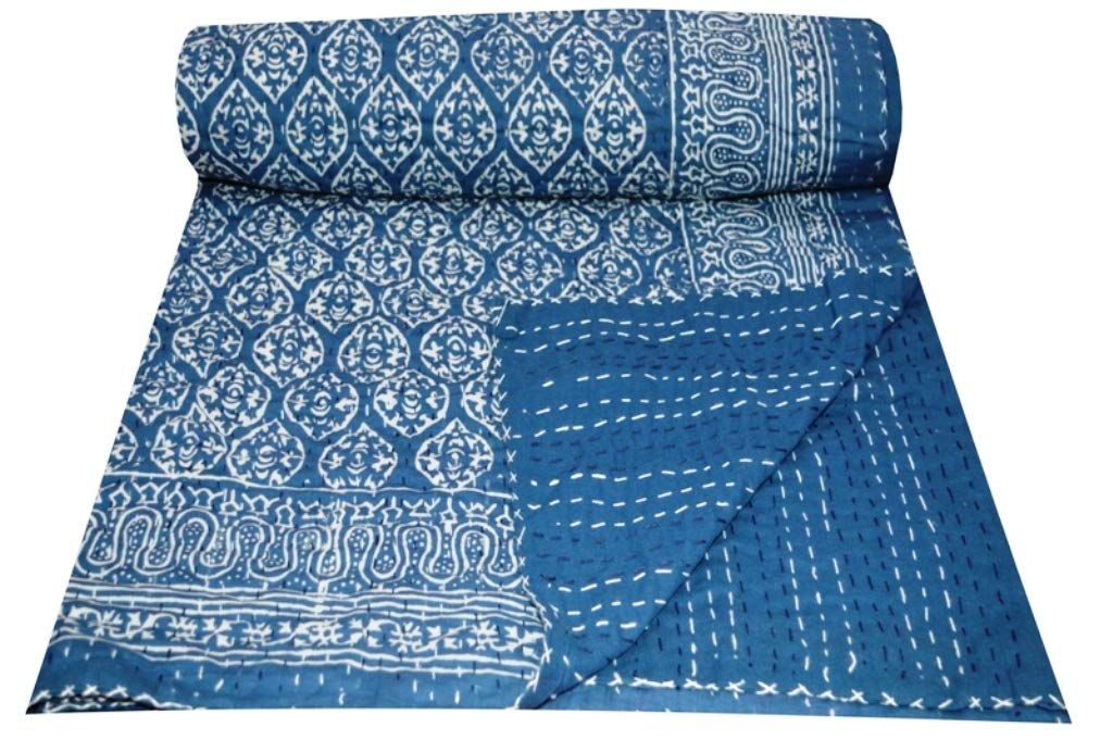 Copriletto Kantha Indiano Fatto A Mano In Puro Cotone – Stampa Mukut, Rosso, 227x152 Cm
