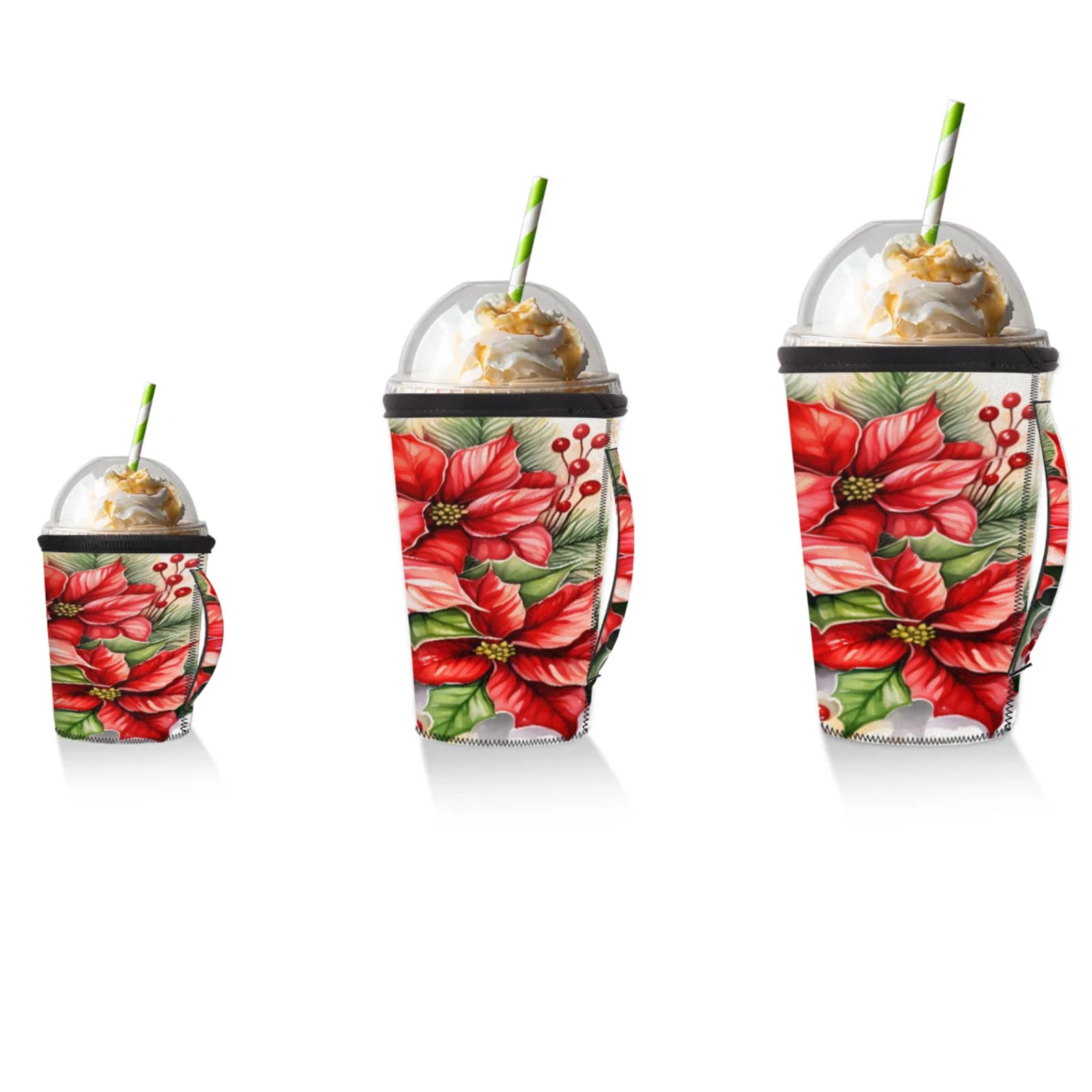 Christmas Flowers Fruits Reusable Neoprene Coffee Sleeve with Handle Insulated Iced Coffee Cup Holder Reduces Condensation Fits 24-28 oz Cups M